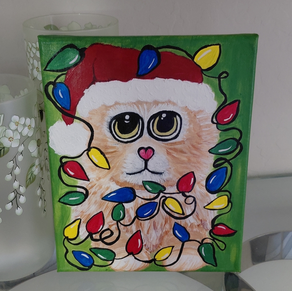 Festive Puppy Canvas with Colorful Lights